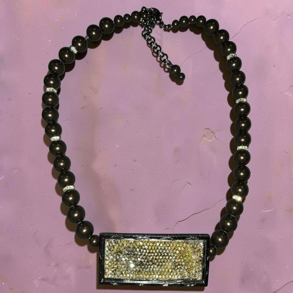 Chocolate Bronze Faux Pearl Oversized Pavé Pendant Statement Necklace